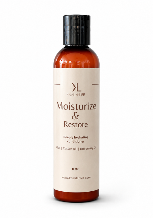Kamilah Lee moisturizing and restoring conditioner bottle on a white background